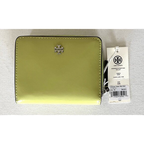 New Tory Burch Emerson Mini Patent Leather Wallet Candy Lime - Picture 2 of 5